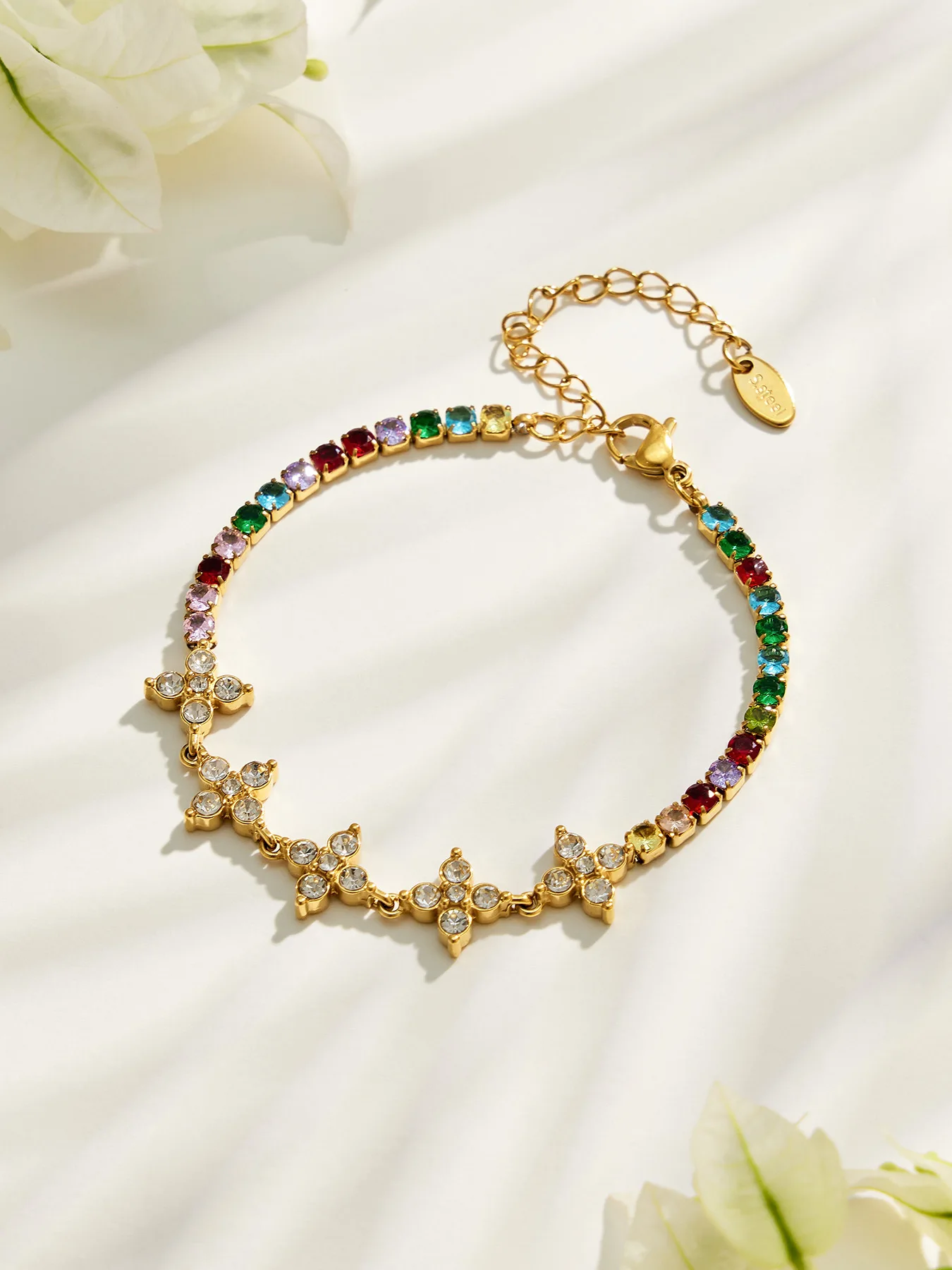 Farbiges Zirkon-Armband Tennis-Armband Edelstahl-Kettenarmbänder 18k Vergoldet Mit CZ-Blumen-Charm-Armbändern für Damen – Detail 13