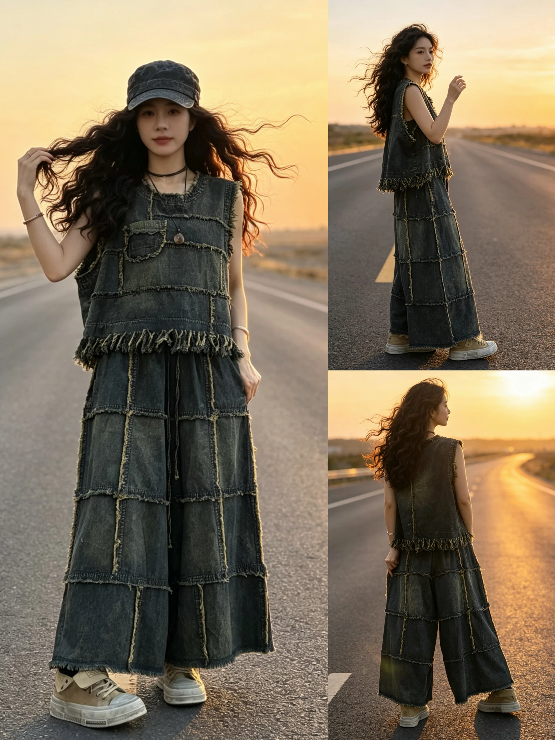 

Original Summer New Retro Patchwork Denim Vest Wide Leg Pants Women Loose Casual Personality Frayed Set Blue Natural Waist