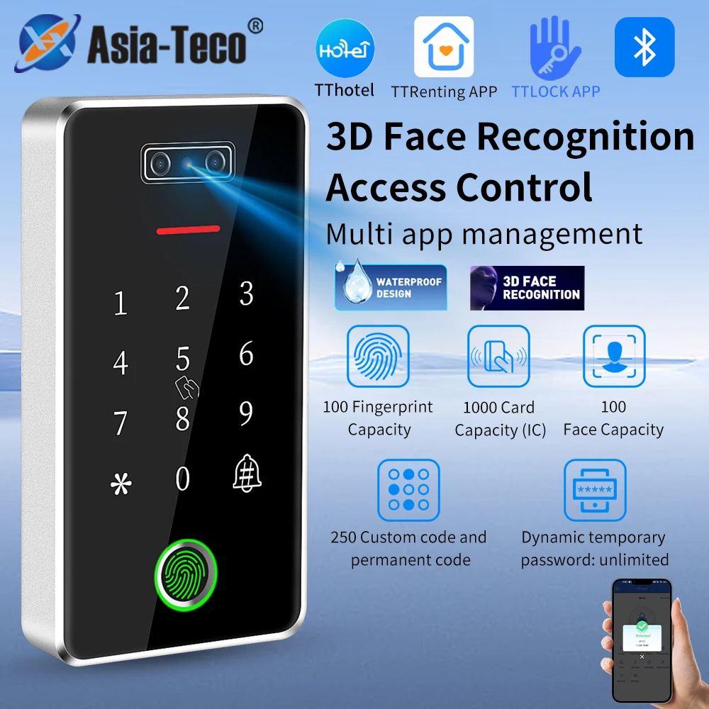 Metal IP67 Waterproof Access Control TTLock App Control Facial Recognition Device RFID M1 Card Fingerprint Reader for Door Lock