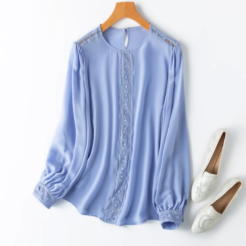 

93% Mulberry Silk 7% Spandex Women Silk Blouse Blue Lace O Neck Long Sleeve 2025 Shirt Top Pullover XL XXL M1251
