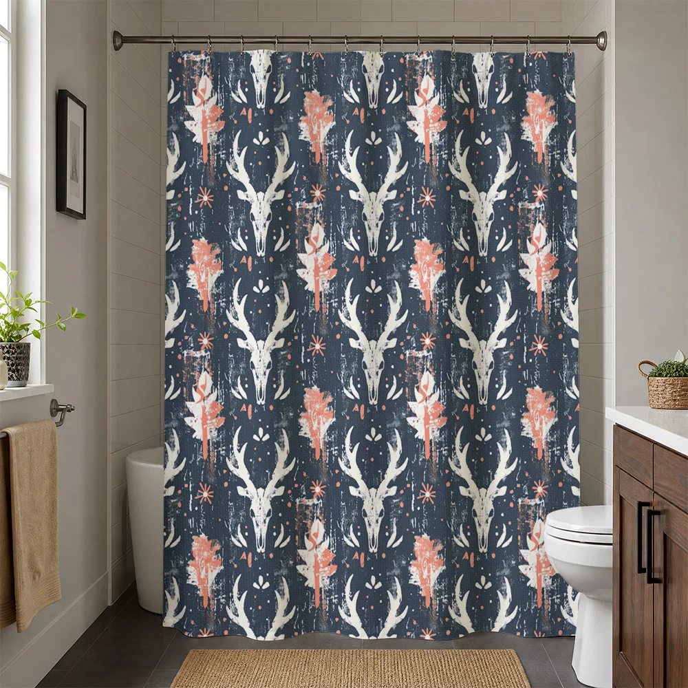 Waterproof Bathroom Shower Curtain Woodland Deer Antlers Pattern Navy Blue Rustic Farmhouse Decor Home Shower Screen Panel