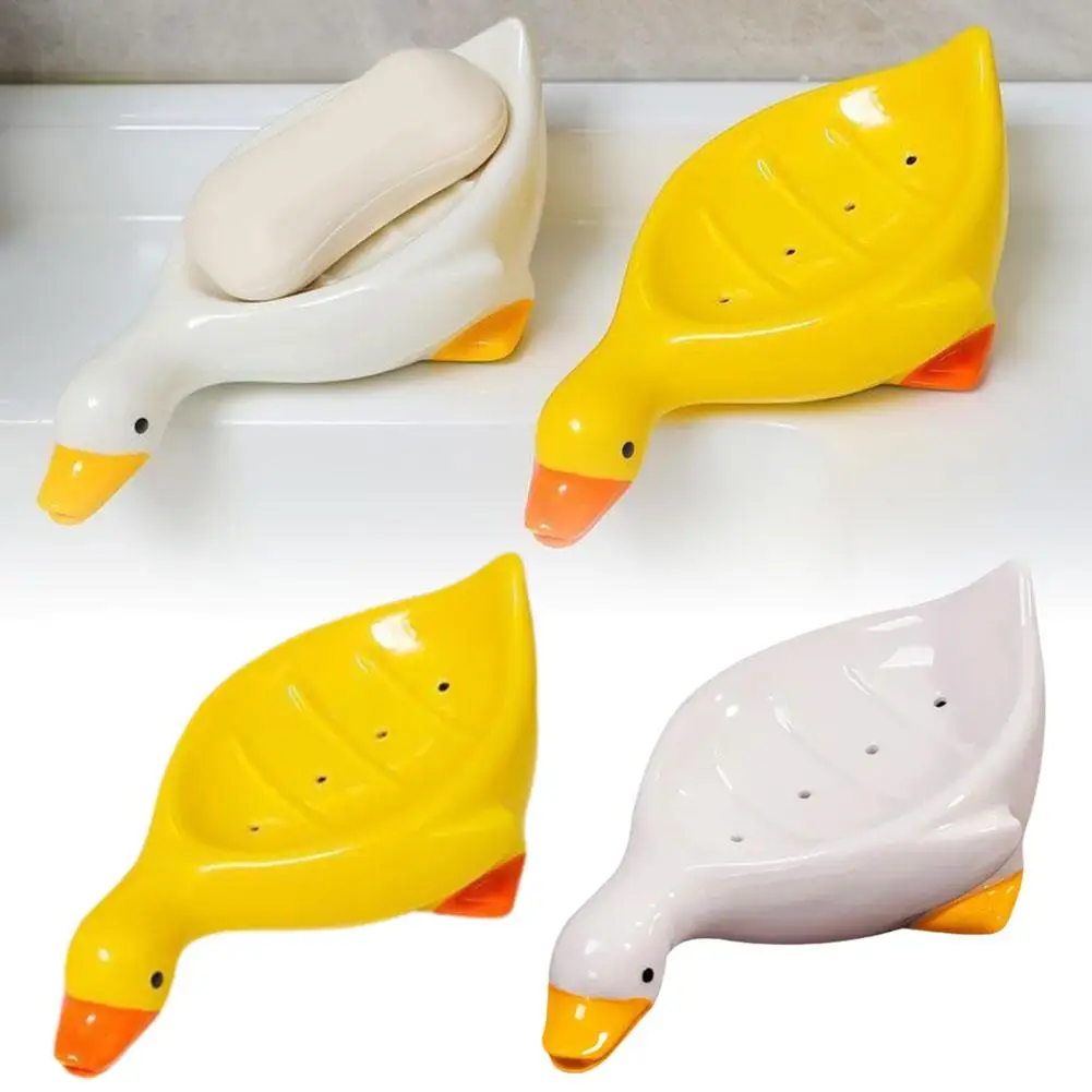 Yellow Duck Shape Soap Box Self-draining Soap Rack Mini Butter Glass Lid Ceramics Dish Soap Tray For Shower Bathroom Kitche B0X3