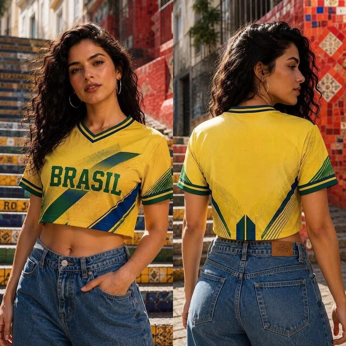 Trending Hot Sale Brazil Soccer Shirt Women, Slim Cropped Hem Breathable Athletic Jersey Daily Game Watch Vacation Street Look