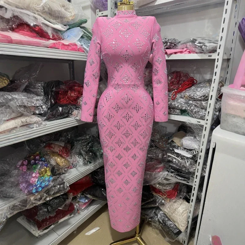 Eleganckie sukienki bandażowe z dżetami, dopasowane do ciała, z wysokim dekoltem, długim rękawem, długie sukienki Y2K, sukienki wieczorowe, na studniówkę, urodziny, w stylu gwiazd.