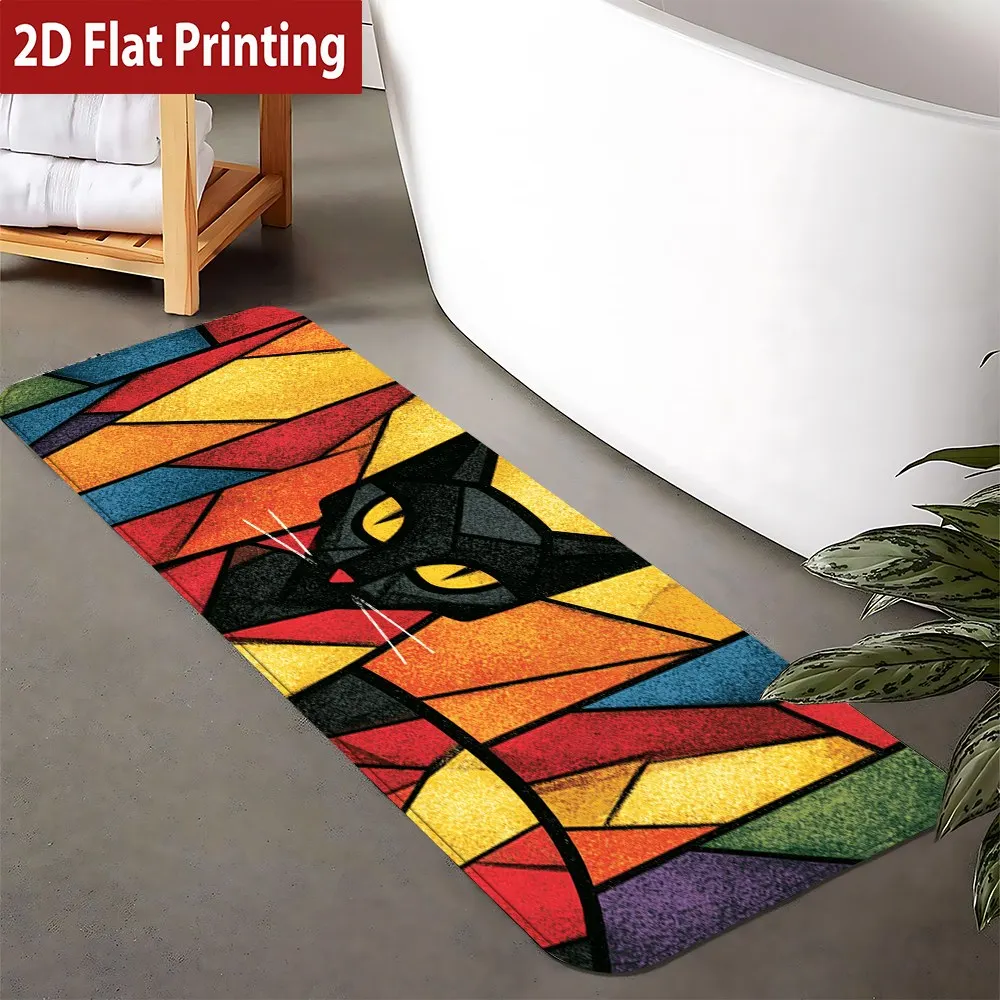 Stained Glass Style Black Cat Print Bath Mat, Non-Slip Washable Durable Runner Rug for Bathroom & Artistic Boho Home Decor