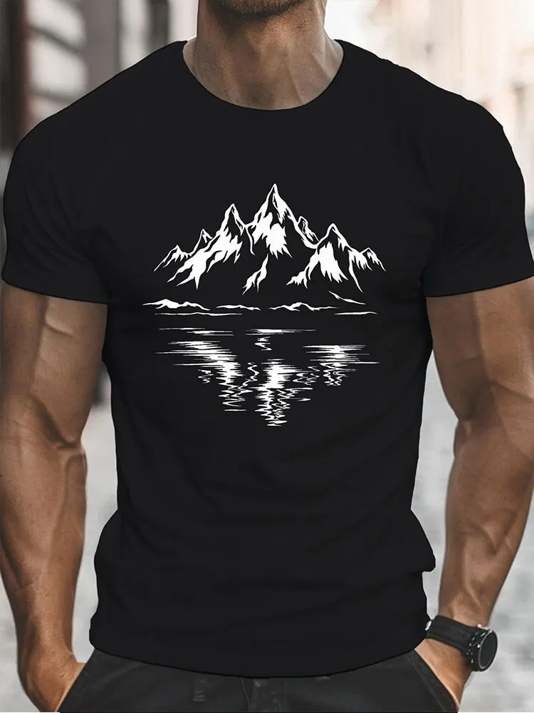 3D Mountain Print Men\'s T-shirt Summer Outdoor Comfortable Breathable Short-sleeved Top Outdoor Lovers Oversized Men\'s T-shirt