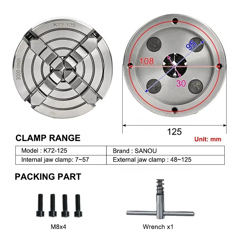 4 Jaw Chuck 125mm SANOU Metal Lathe Chuck K72-125 Independent Type Scroll Chuck for Mini Lathe WM210V