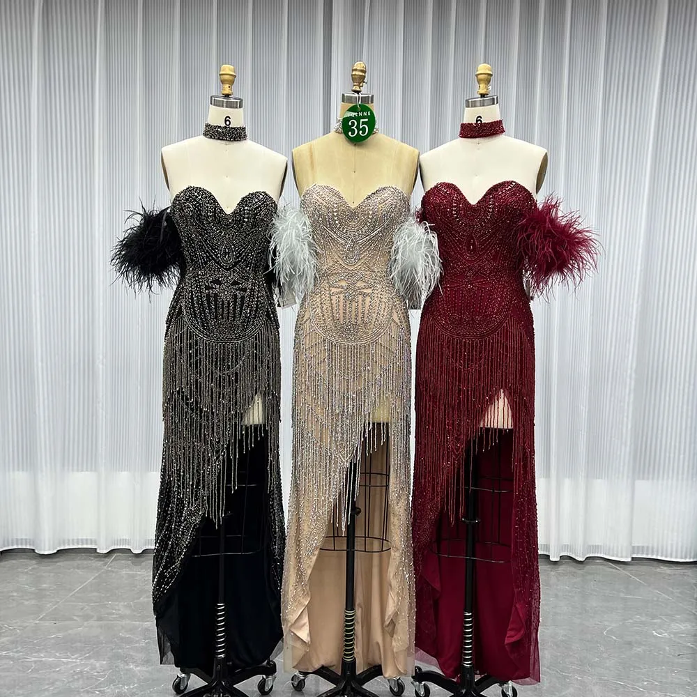 

YQLNNE 035 Luxury Black Feathers Evening Dresses Long Crystals Beaded Formal Women Wedding Party Gown