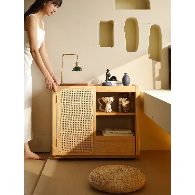 Japanese style movable tea cabinet, raw solid wood brewing tea table table, integrated kettle bucket bar, sofa living room side