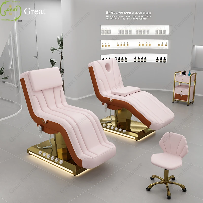 Mesa de masaje con Base dorada de cuero rosa, diseño de nueva llegada, cama de Spa Facial eléctrica de 3 motores con Control de pie, 2024