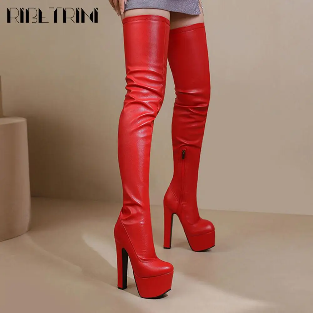 Sexy Over Knee High Boots Women Spike High Heels Zip Thick Platform Elastic Boots Luxury Trendy Designer Fashion Stylish Shoes