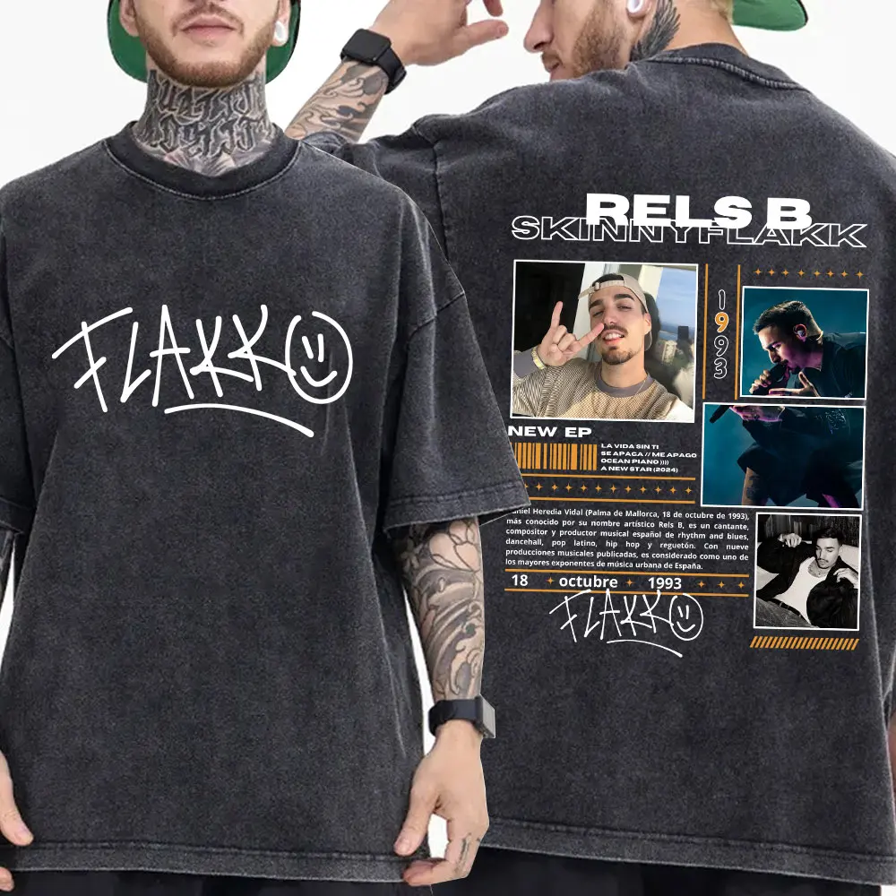 مغني الراب RELS B نحيل Flakk ألبوم خمر غسلها تي شيرت الرجال النساء الملابس موضة الهيب هوب تي شيرت القطن المتضخم تي شيرت