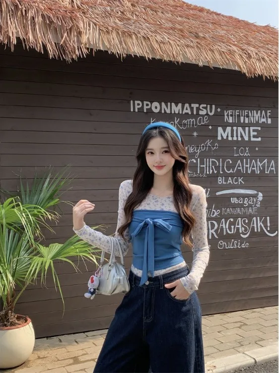 

plus Size Pure Desire Style Set Early Spring New Design Belted Strapless Long Sleeve Floral Cover up Top Women's Fashion