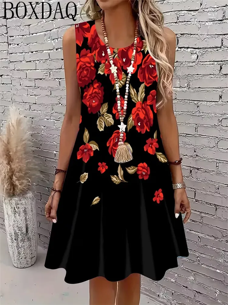 Casual women's round neck sleeveless loose flower print design A-line summer dress