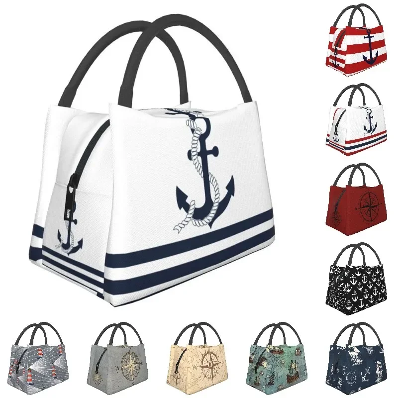 

Nautical Blue Anchors With And White Stripes Lunch Tote Bag for Women Sailing Sailor Portable Cooler Thermal Food Box