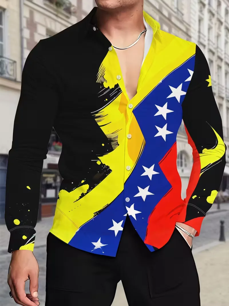 قميص رجالي كاجوال بأكمام طويلة مطبوع عليه زهور ثلاثي الأبعاد بتصميم أبيض وأسود، قميص كاجوال بأزرار سفلية