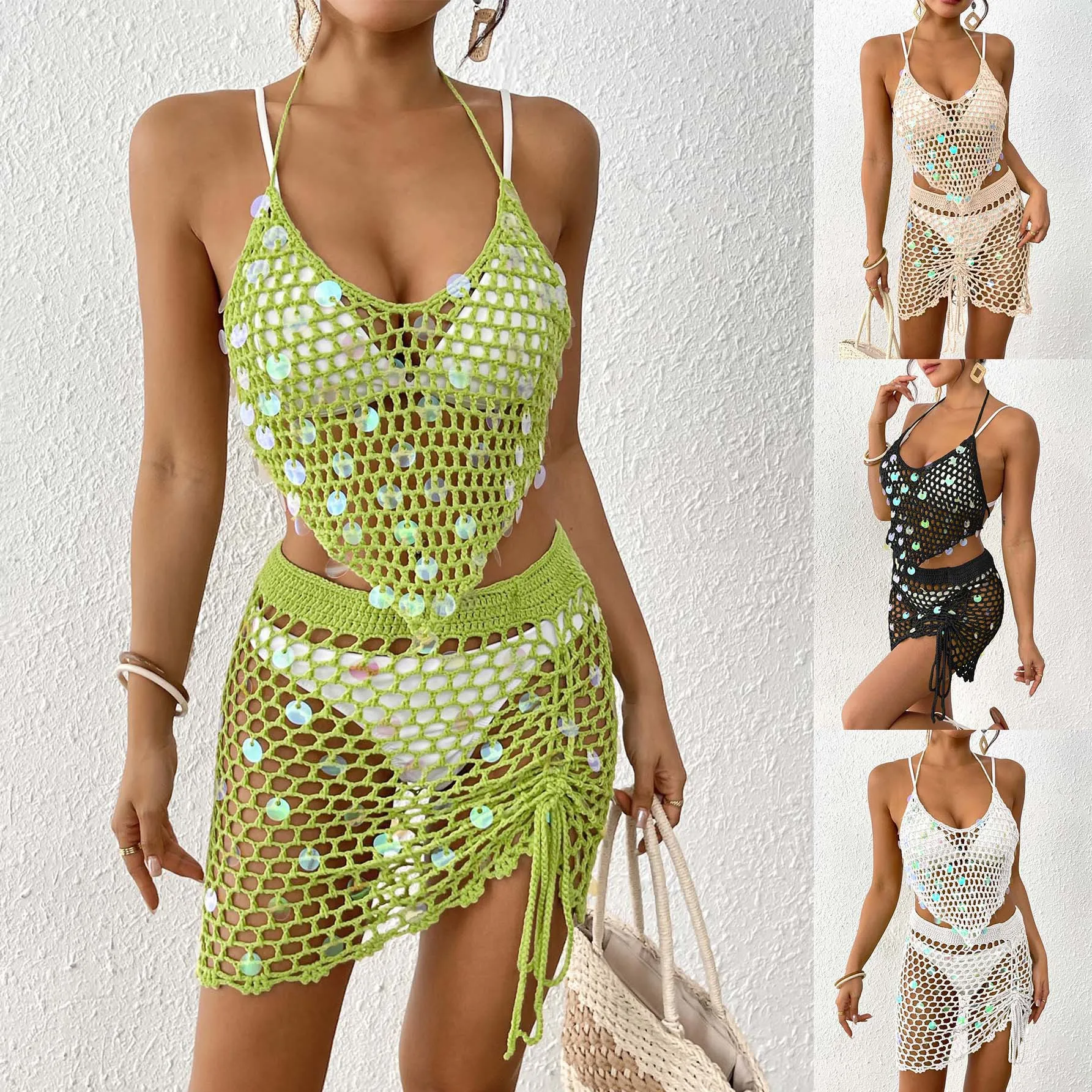 Hollow Out Crochet Two-Piece Cover-Ups Skirts for Women No Include Bikini  Swimwear Set Sequin Splicing Vacation Beach Sets