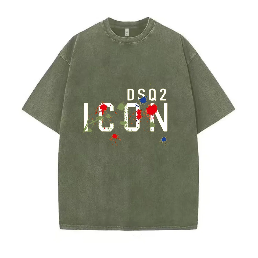 Dsq2 Washed Cotton T-Shirt 2024 Summer 100 Cotton Men\'s Clothing Maple Print t-Shirt Sport Oversized High Quality T Shirt