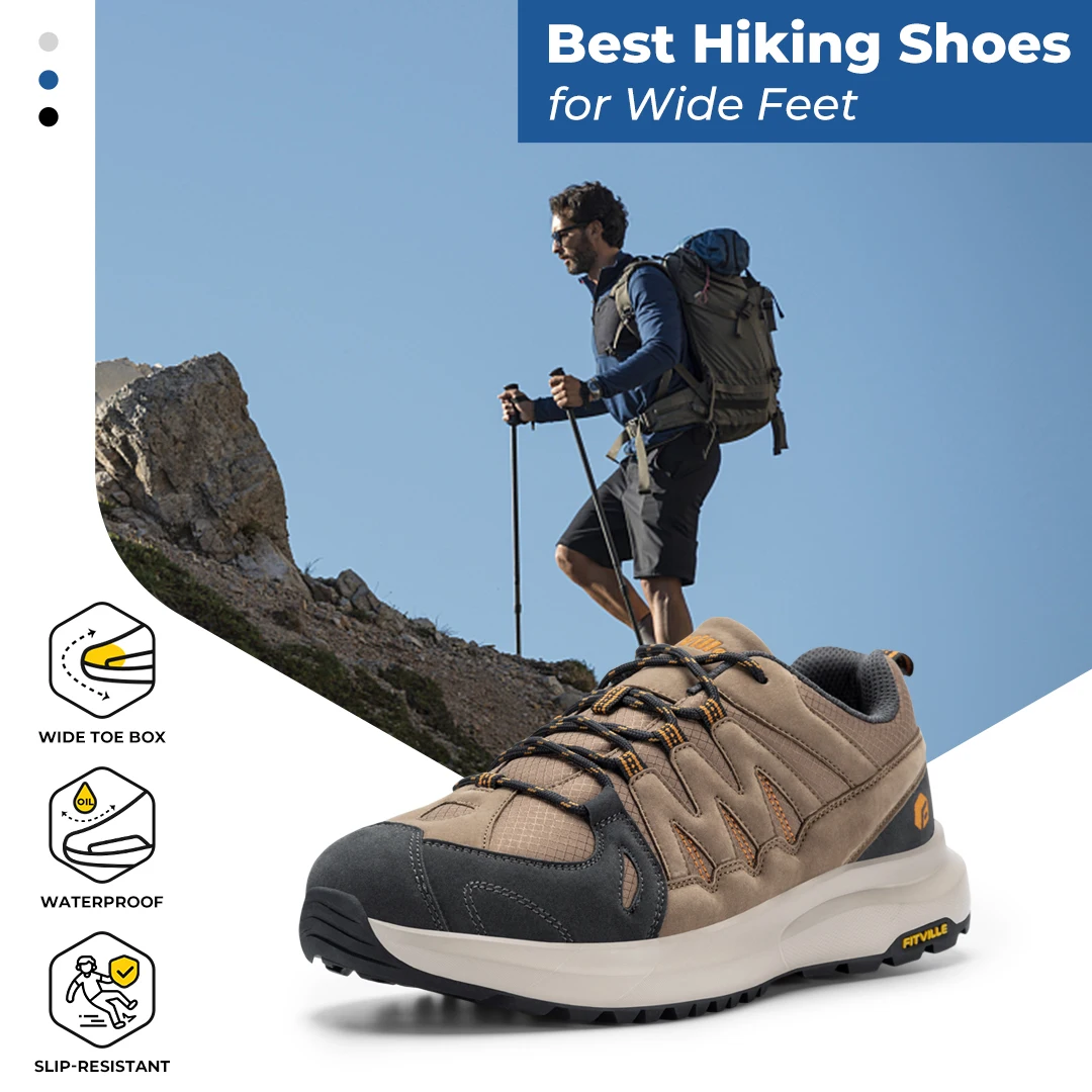 FitVille Men's Shoes Wide Hiking Waterproof Outdoor  Work Go Walking  Sneakers  with  Arch  Support for Heel Pain Relief