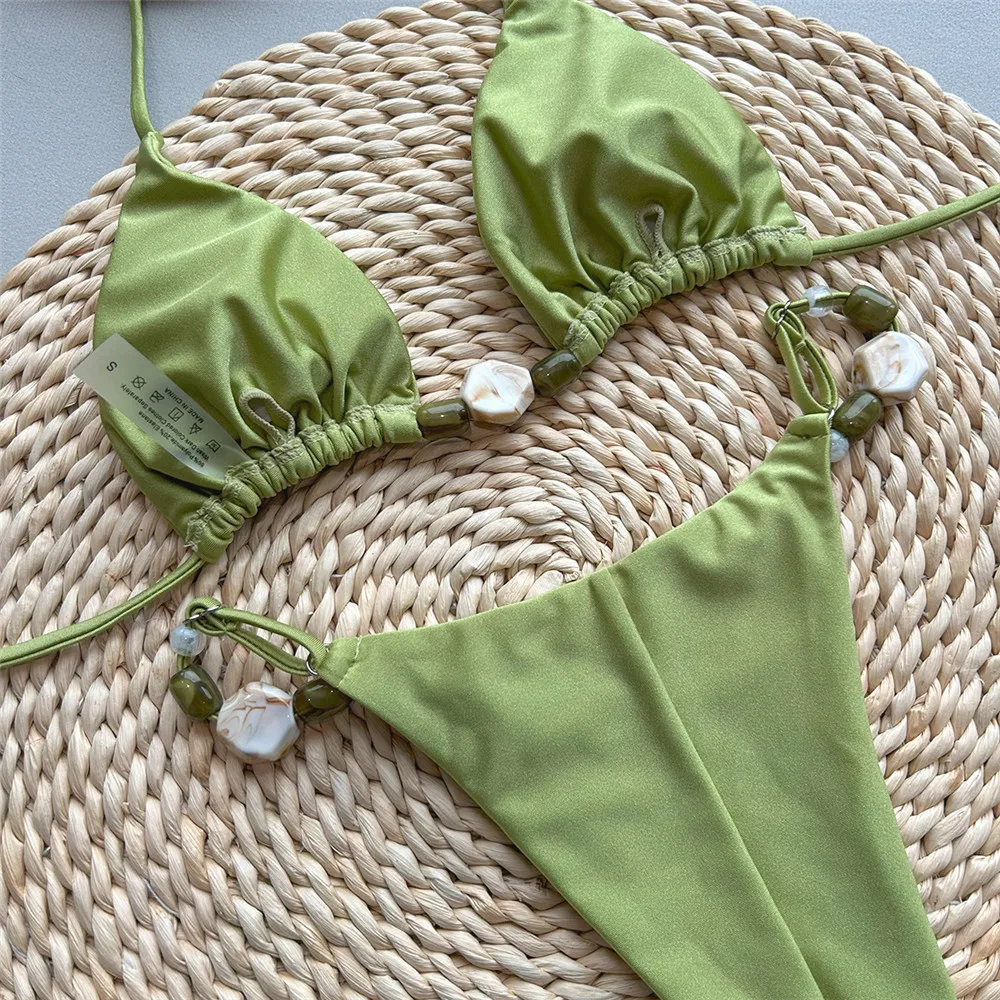 Solid Green Swimwears Sexy Halter Triangle Bead String Bikini Mini Micro Thong Swimsuit Woman 2026 Summer Brazilian Bikinis Sets - Image 4
