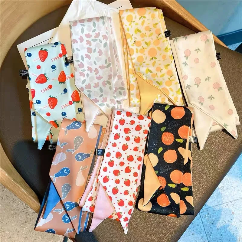 Hair Scarf Fruit Floral Bow Print Colorful Lightweight Soft Satin Ponytail Wrap Tie Braid Headband Women Daily Party Gift