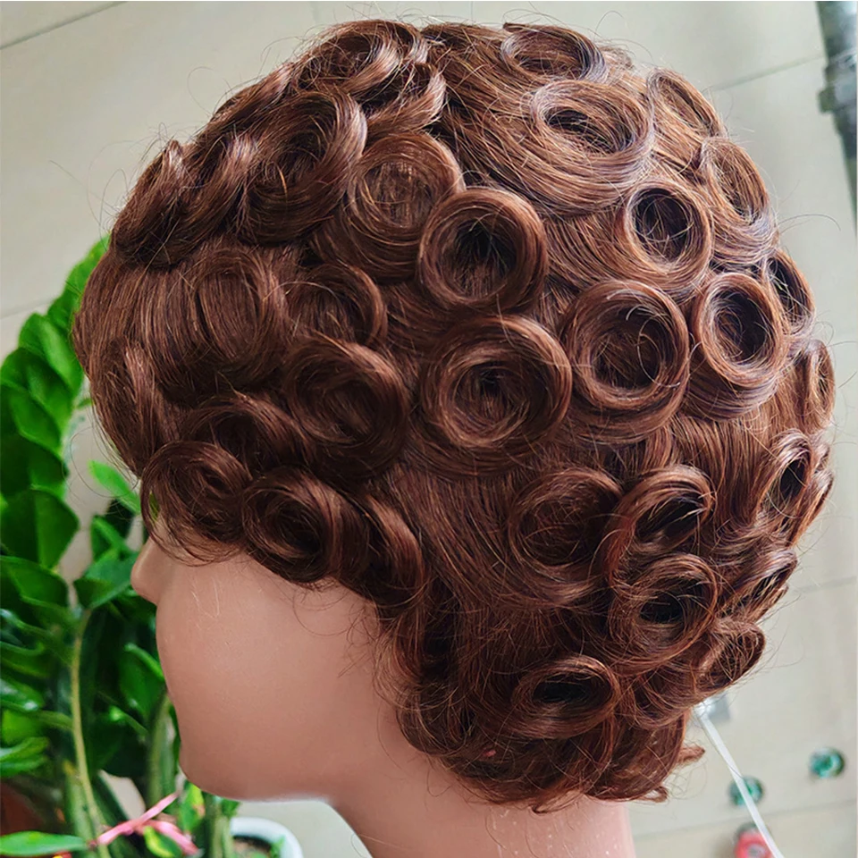 Upermall #4 Color Pixie Cut Human Hair Wig For Women Full Machine Wig Non Lace Short Wavy Curl Wigs On Sale