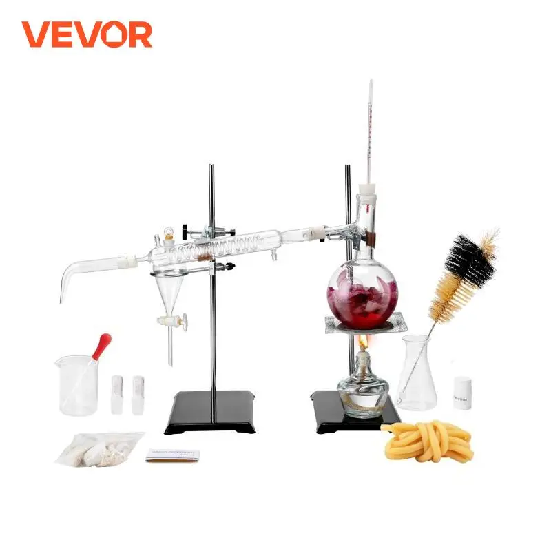 VEVOR Essential Oil Distillation Kit 500/1000ML Distillation Apparatus 3.3 Boro Lab Glassware Kit with Alcohol Lamp 24/40 Joint