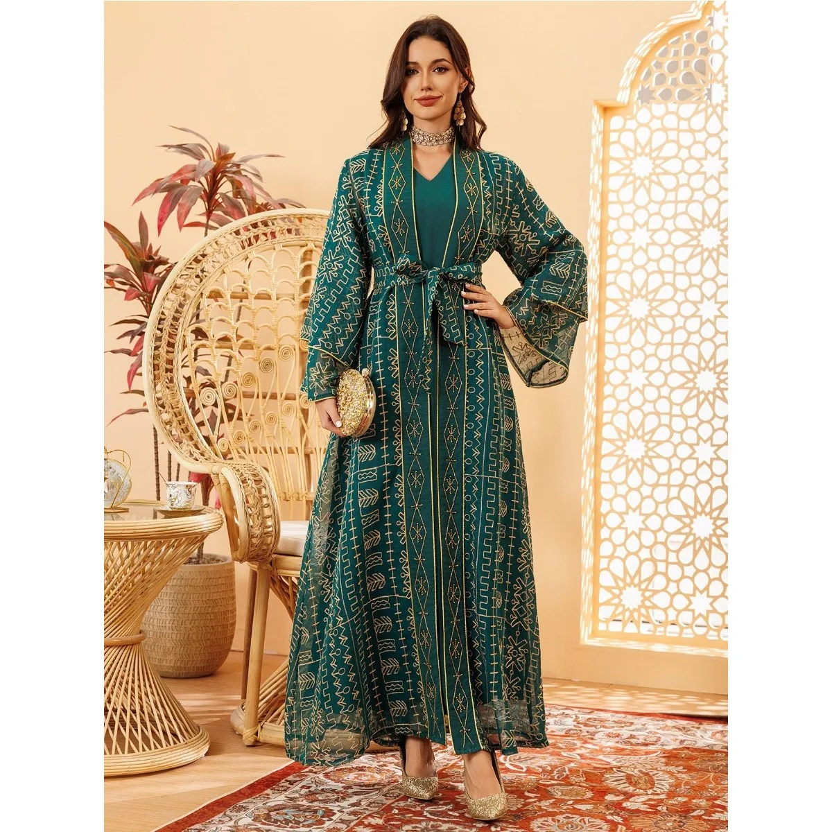 Women Eid Muslim Abaya 2 Piece Set Embroidery Long Robe Ramadan Jalabiya Full Length Morocco Abayas Dubai Kaftan 2025 Casual