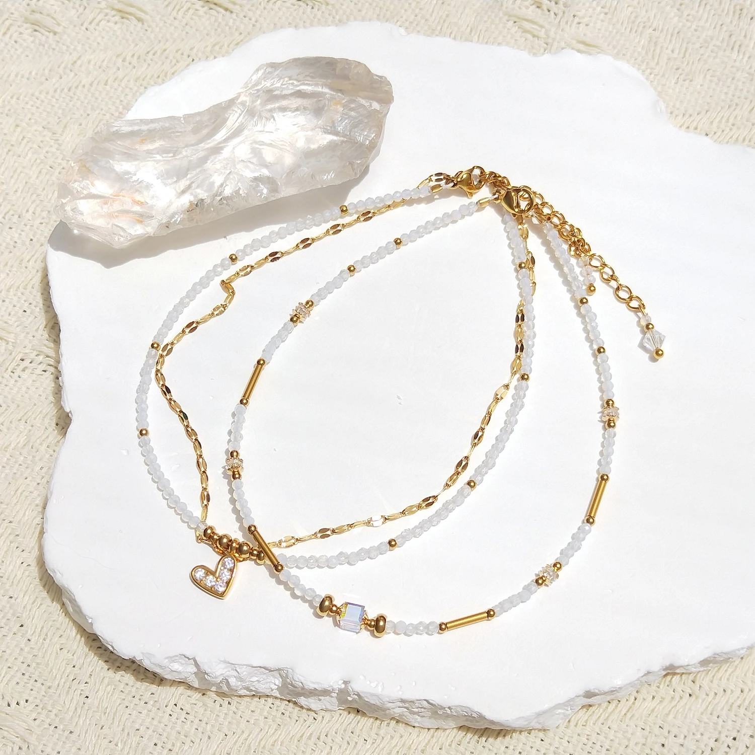 Lii Ji Natural Opalite 2mm Stainless Steel American 14K Gold Filled Handmade Anklet 24+3cm