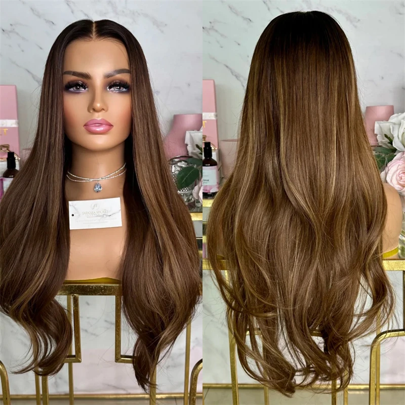 13x4 Ombre Honey Brown Blonde HD Lace Front Wig 28 Inch Long Loose Wave Wig Natural Looking Hairline Heat Friendly Synthetic Wig