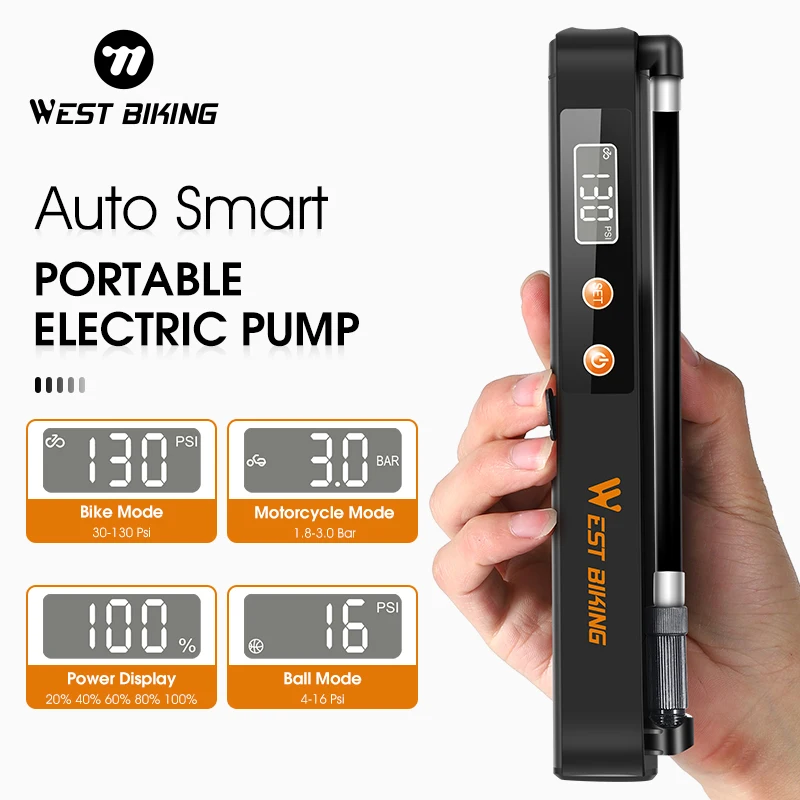 WEST BIKING Smart Auto Pump Air Compressor Portable Wireless 130PSI Tire Inflator Motorcycle Ball Bicycle Fast Electric Pump