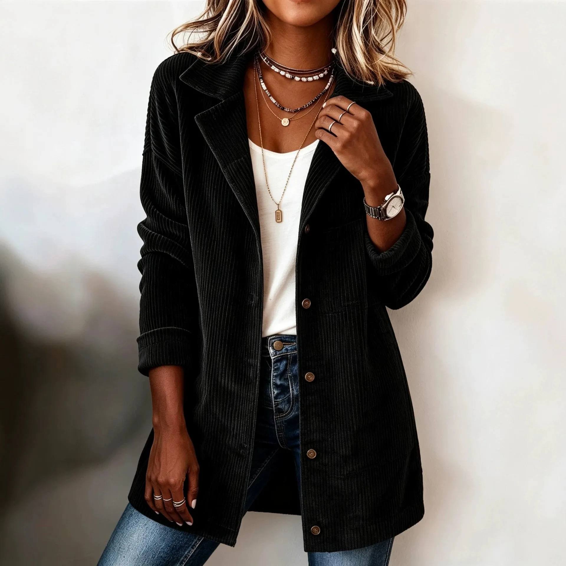 Button Front Casual Coat Mid Length with Notch Lapel and Single Breasted Long Sleeve Medium Weight Commuter Chic Women Jacket