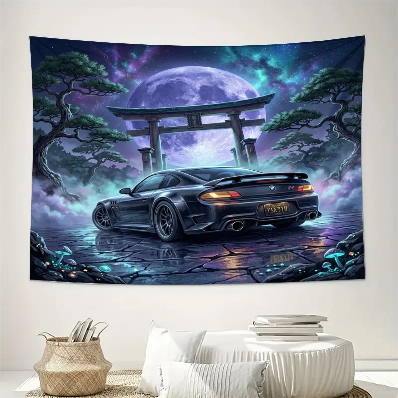 Ultra HD Cosmic Galaxy Moon Sports Car Anime Curtain Panel Decorative Drapes Sci Fi Fantasy Art Print for Bedroom Home Decor