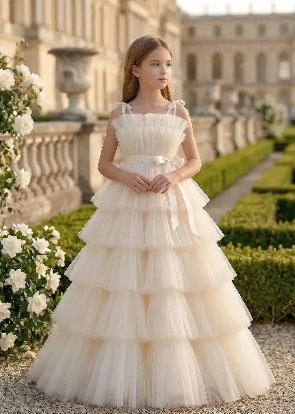 New Custom elegant tulle prom dress multi-layer mesh butterfly suspender high waist princess dress kids wedding party dress