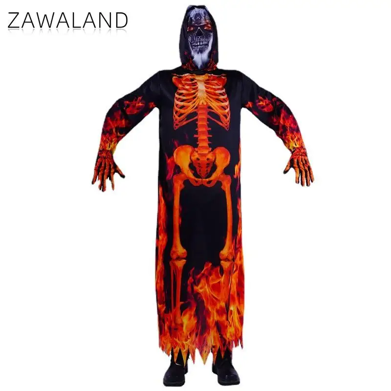 Zawaland Halloween Cosplay Ghost Skeleton Costume Man Flame Robe Clothes Carnival Holiday Party Stage Costume Fashion Clothing