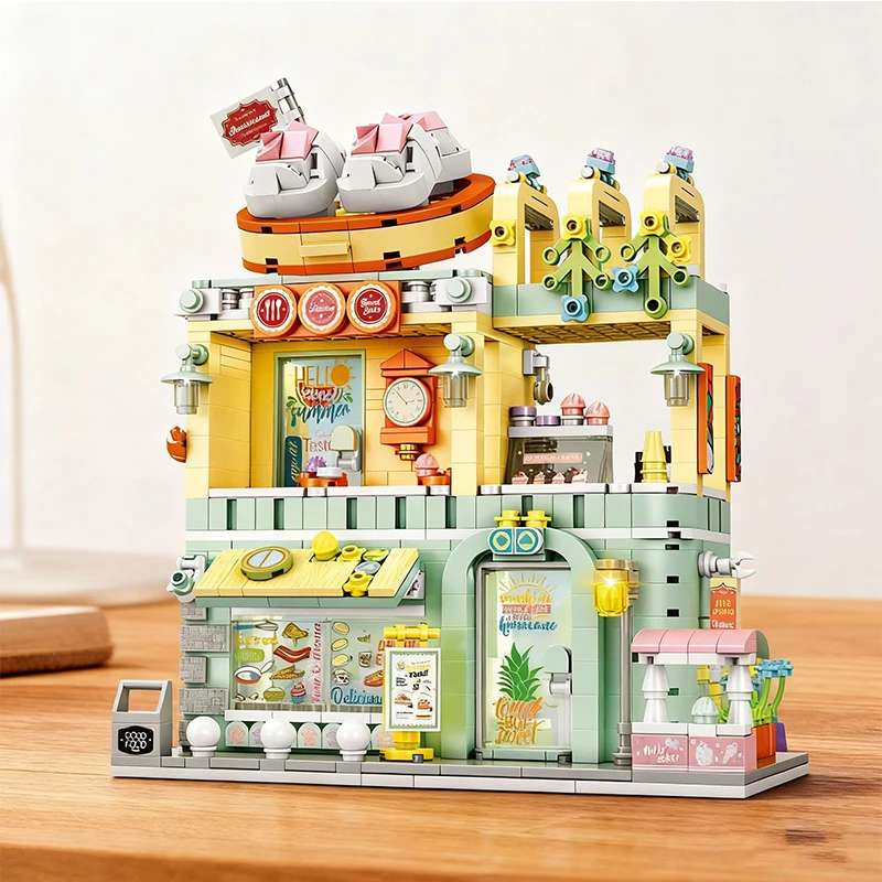 Bloques de construcción de arquitectura urbana, cafetería, vista a la calle, casa de comida, tienda, modelo creativo DIY, juguete para niños, regalo de cumpleaños y Navidad