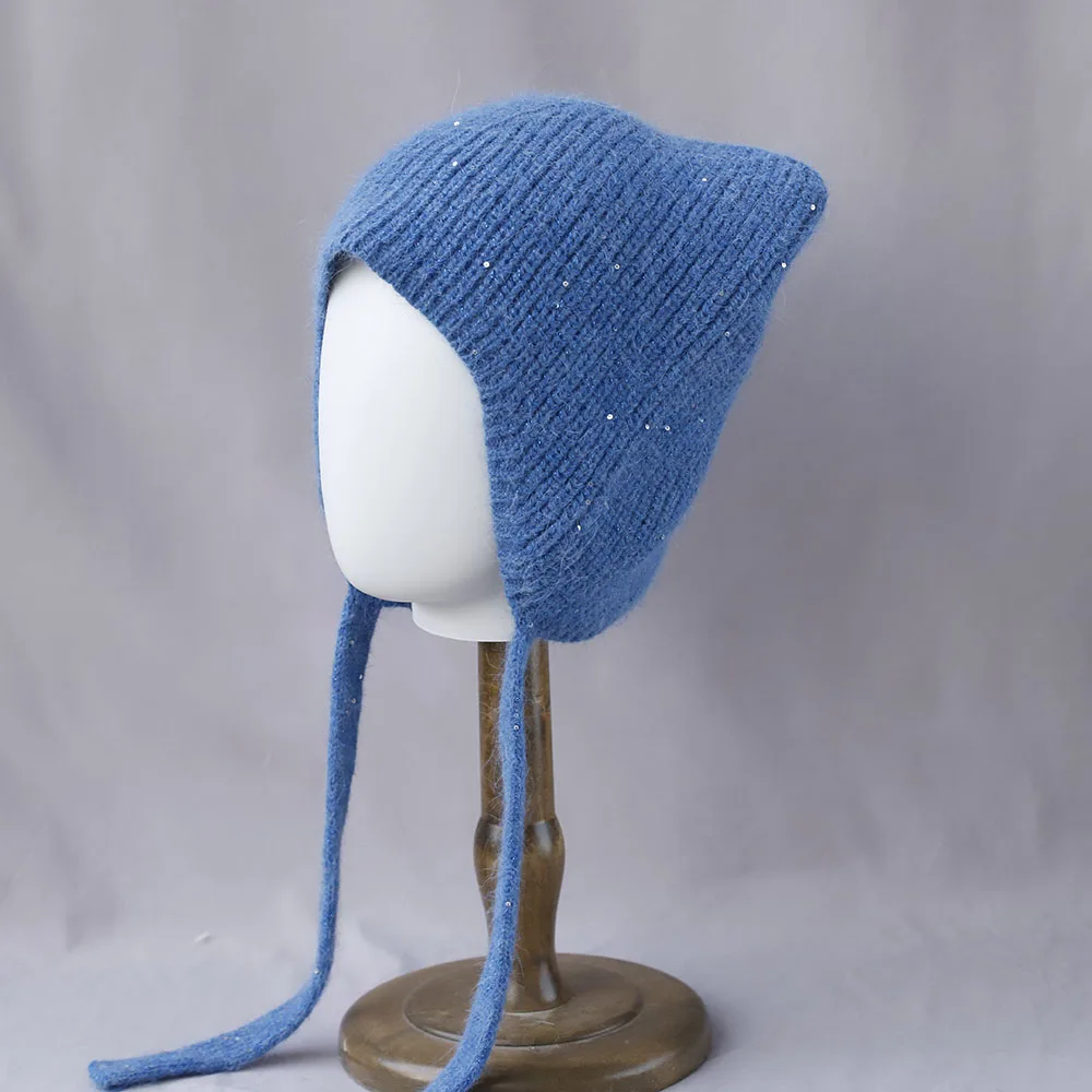 Shine Outdoor-Mütze mit tiefem Krempe und Katzenohren, sowjetische Mütze, Damen-Wintermütze, Rattanmütze, Pelzmütze, süße Mütze, Strickmütze aus Fleece. – Detail 5