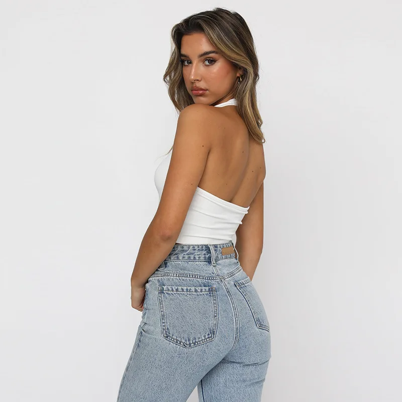 Summer 2025 Women's Slim Fit ort Svel Top V-Ne Bal Vest Pure Color Casual Faion Removed Chest Pad Thi Bot