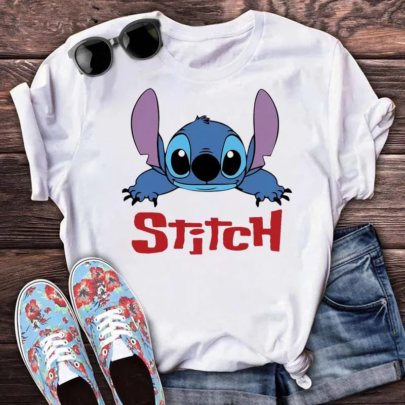 Koszulka damska z nadrukiem Lilo i Stitch z kreskówki na lato 2025, rozmiary S-3XL, biała koszulka damska z okrągłym dekoltem, codzienna koszulka na lato.