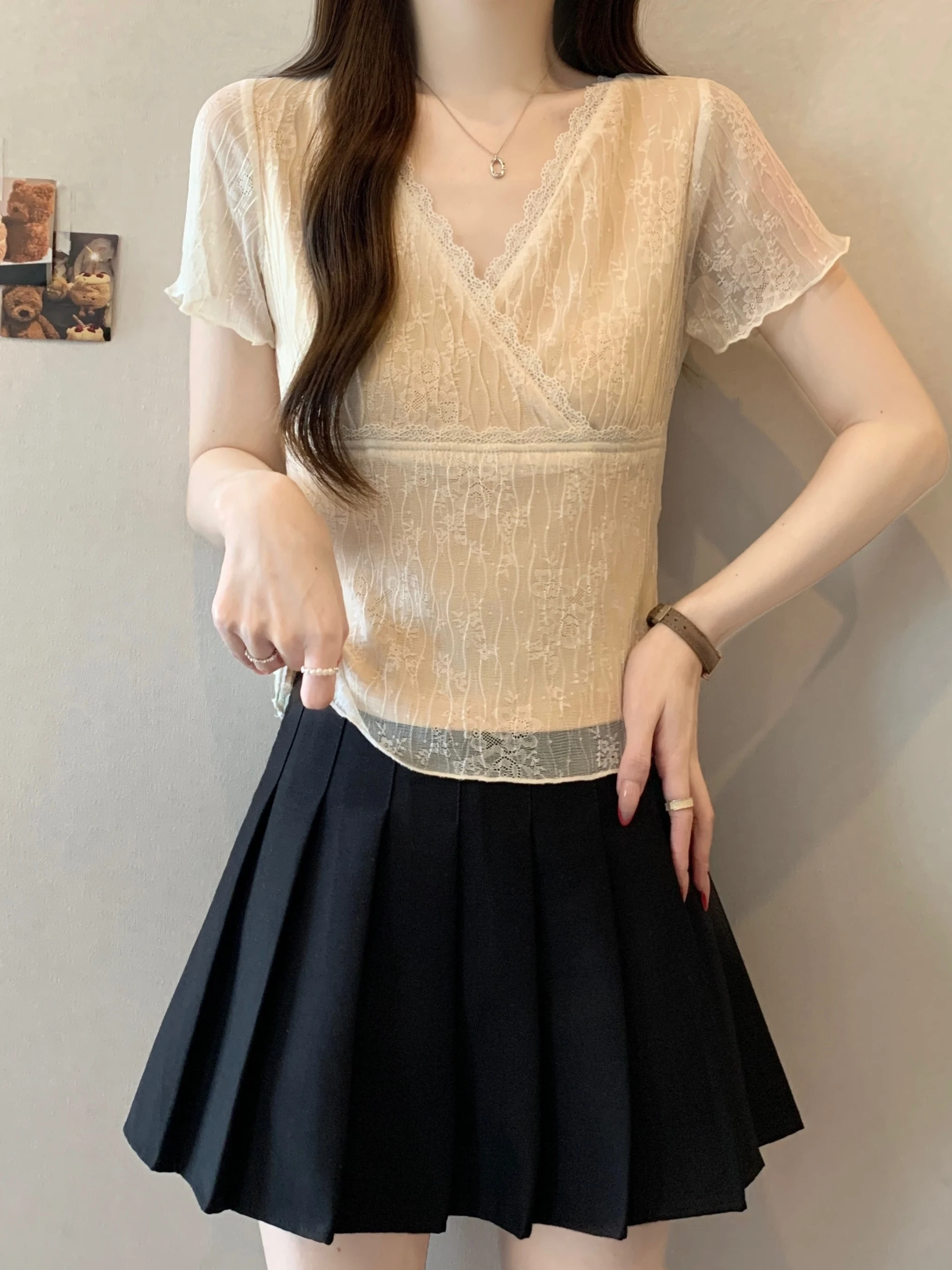 

plus Size Lace Splice Short Sleeve T-Shirt Pure Desire Style Summer New Design Slimming Versatile Korean Version Commute Style
