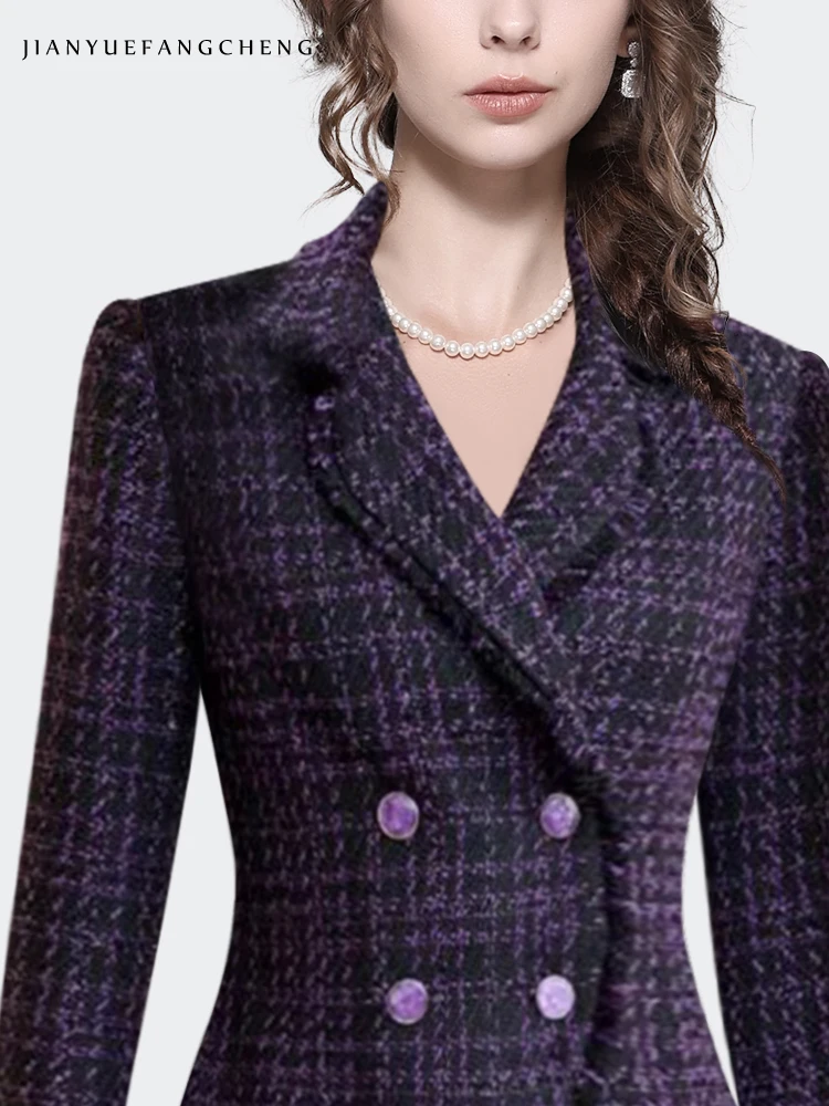 Women\' Long Sleeve Wool-like Knitted Purple Plaid Jacket Elegant Slim Short Fashion Vintage Casual Blazer Short Coat