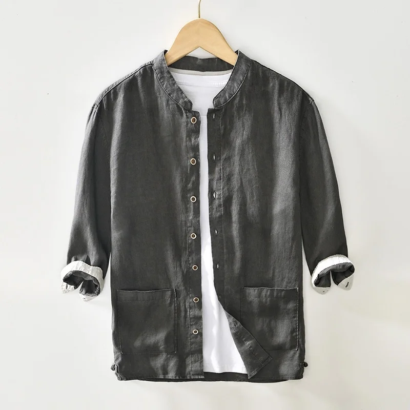 Spring Men's Breathable Pure Linen Shirts Button Down Long Sleeve Blouses with Pockets Vintage Stand Collar Tops