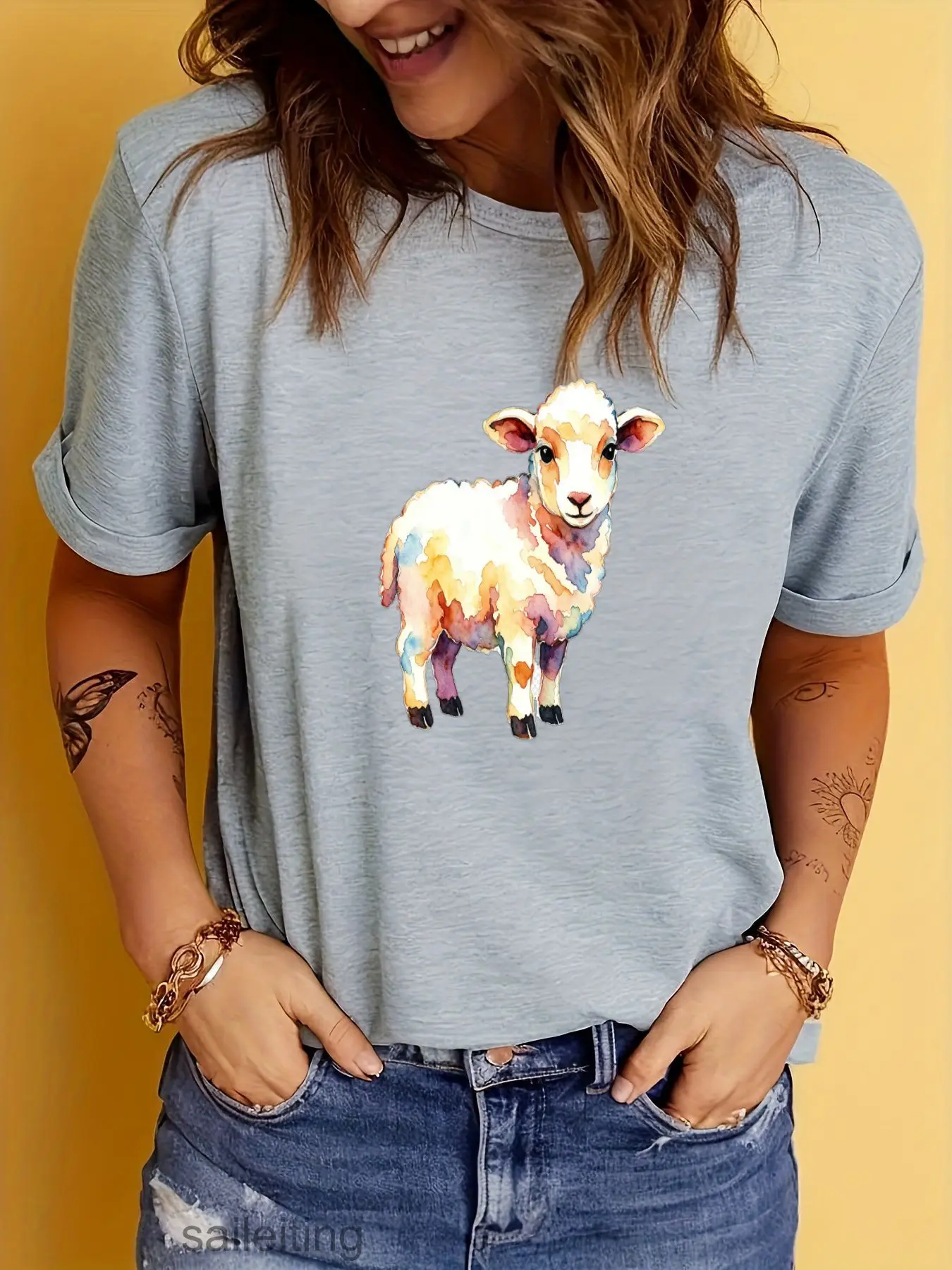 Cute Watercolor Lamb Sheep T-Shirt Women Men Pastel Yellow Pink Blue Short Sleeve Crew Neck Casual Summer Breathable Tee Gift