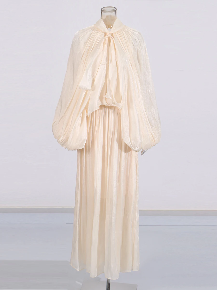 فساتين أنيقة أنيقة الصلبة للنساء الوقوف طوق كم طويل عالية الخصر المرقعة الدانتيل يصل فساتين الإناث نمط جديد #2