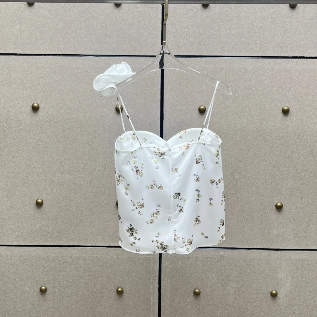 2025 New Arrival Y2K Style Printed Bustier Camisole - White Ditsy Floral Double Straps & Shoulder Ruffle Detail | Trendy Feminin
