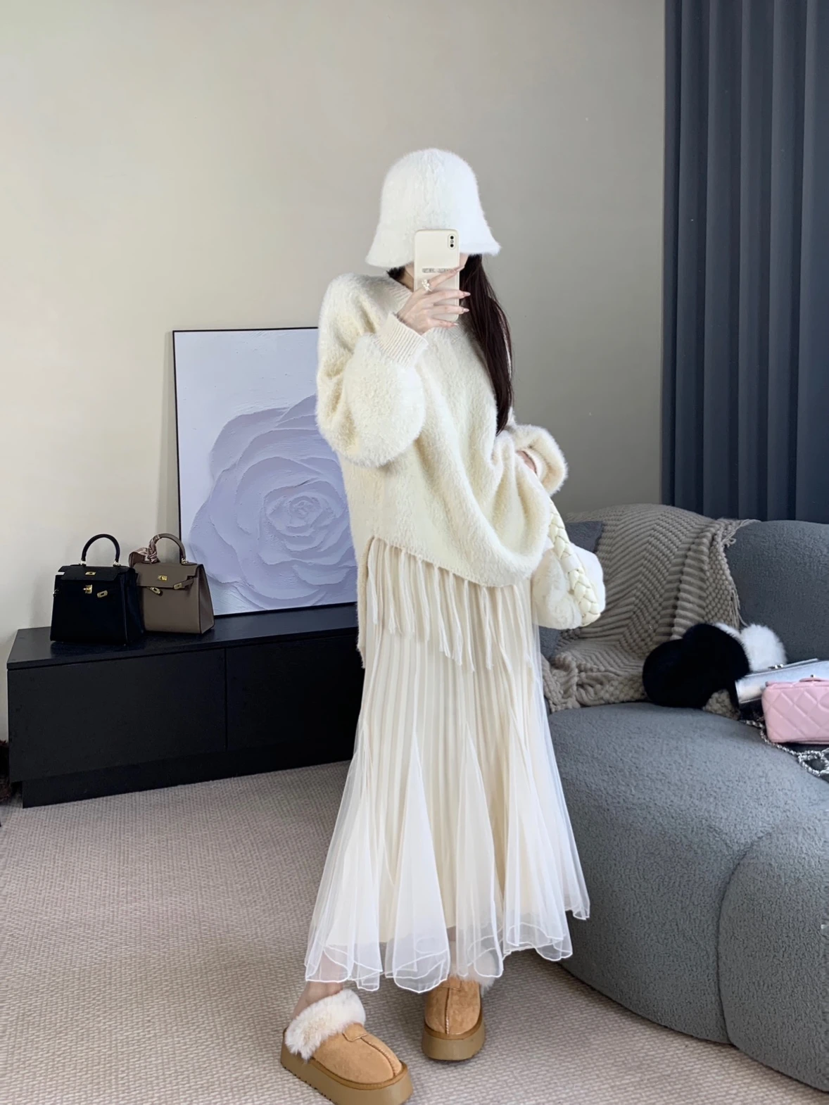 

Beloved Knitted Sweater Tassel Trim Irregular Design Net f Skirt Set Soft Soldering Long Sve V Ne Regular Length Sweater