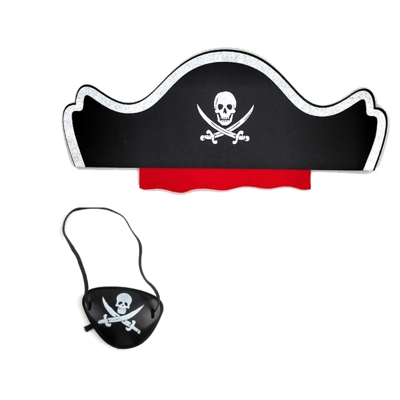 Lovely Pirate Headdress Pirate Headwear Hair Hoop Skull EyePatch Hat Set Cartoon Captain Hat Tricorn Hat Accessories