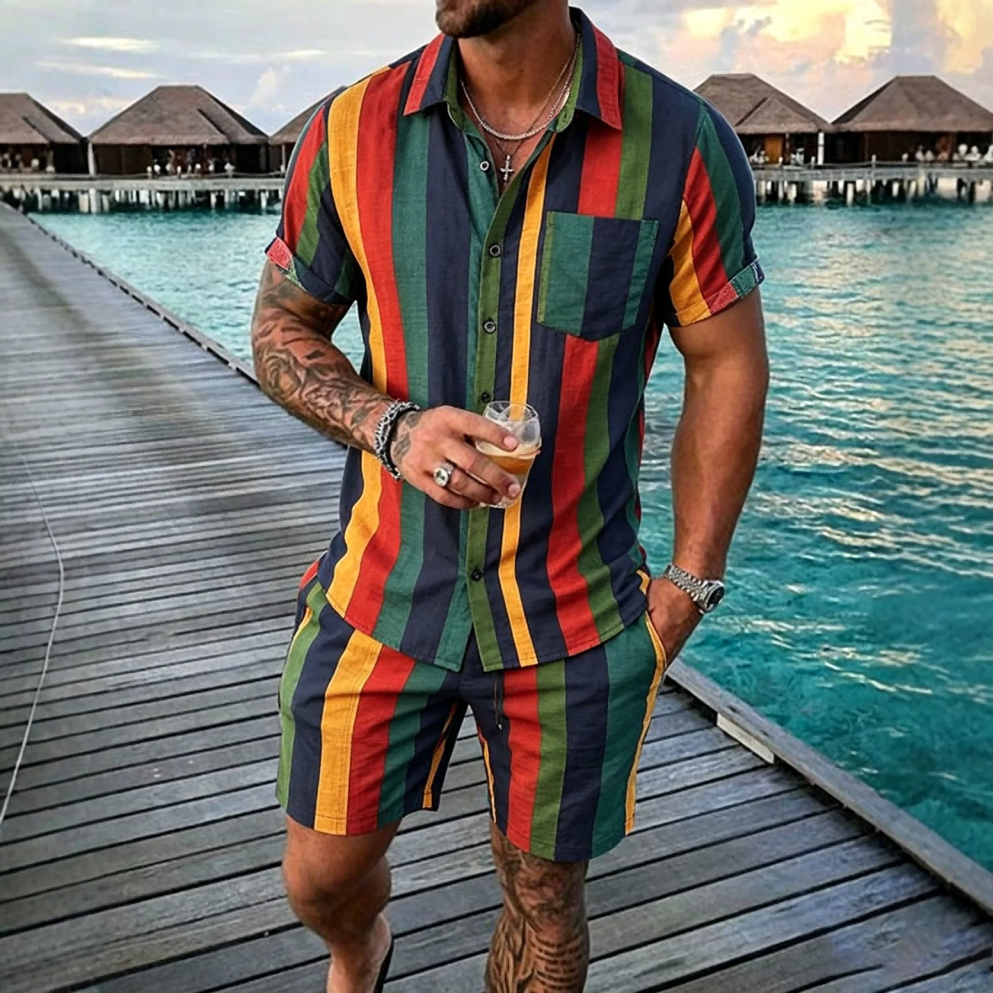 

Summer Men's 2 Piece Set, Colorful Striped Hawaiian Short Sleeve Shirt + Drawstring Beach Shorts Casual Vacation Outfits
