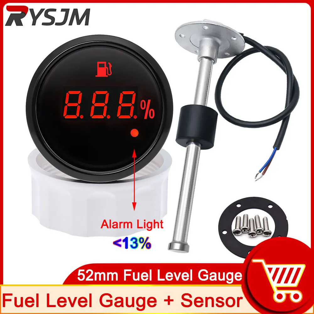 Universal 100-550MM Fuel Level Sensor For 2'' 52mm 0~190 Ohm Digital Waterproof Fuel Tank Level Gauge with Red Warning Light Car