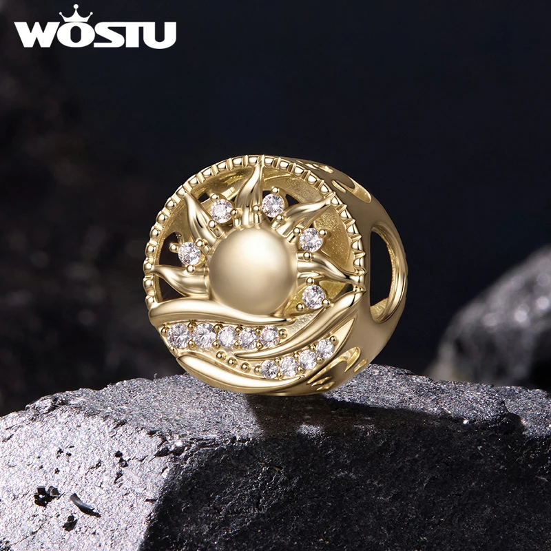 WOSTU 18k Gold Plated Sun Moon Charm Beads Star Zircon Pendant Fit Orignal Bracelet Necklace DIY Jewelry Making Wholesale